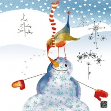 Schneemann mit Vogelfreund - Snowman with bird friend - Bonhomme de neige avec son ami doiseau