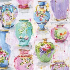Bunte Vasen mit Blütenzweigen, Seerosen und Fische