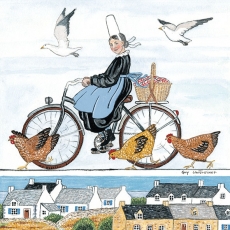 Frau auf Fahrrad mit Picknickkorb, 3 Hühnern und 2 Möven