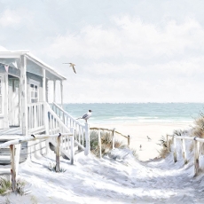 Strandhütte mit Hängematte am Meer mit Möwen