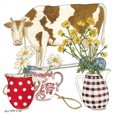 Kuh mit 3 bunten Krugvasen und Blumen