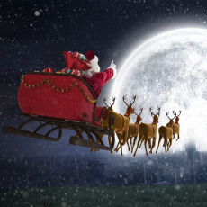 Weihnachtsmann fliegt mit seinem Schlitten zum Mond