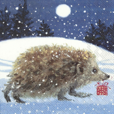 Igel Max läuft am verschneiten Weihnachtsabend mit einem Geschenk zur Bescherung