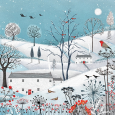Viele Vögel fligen zu einem Winterdorf mit roten Beeren