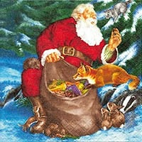 Weihnachtsmann mit Futtersack im Wald bei den Tieren