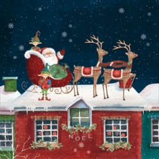 Weihnachtsmann mit seinem Schlitten und Wichteln auf dem Dach