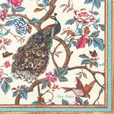 Pfau, kleiner Vogel & Schmetterlinge in blühendem Baum - Peacock, small bird & butterflies in blooming tree - Paon, petit oiseau & papillons dans larbre florissant