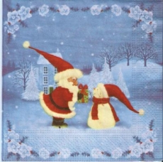 Santa mit Geschenk für Schneemann - Santa with gift for snowman - Père Noël avec un cadeau pour les bonhomme de neige