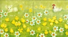 Lämmchen, Henne & viele Küken auf Blumenwiese - Lamb, chicken & many chicks on flower meadow - Agneau, poulet & beaucoup de poussins sur prairie de fleurs