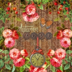 Autumn love - Holz, Beeren, Uhr, Rosen, Schmetterling - Wood, berries, Clock, roses, butterfly - Bois, baies, Horloge, roses, papillon