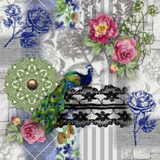 Pfau-Collage mit Rosen, Spitze....- Peacock collage with Roses, Lace .... - Collage de paon avec roses, pointe....