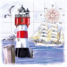 Möwen, Leuchtturm, Kompass, Segelschiff - Gulls, lighthouse, compass, sailing ship - Mouettes, phare, boussole, bateau à voiles