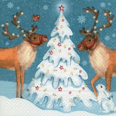 Hirsche, Rentiere & Schneehase am schneebedeckten Tannenbaum -  Deer, reindeer and arctic hare on snowy Christmas tree - Cerf, le renne et le lièvre arctique sur neige arbre de Noël
