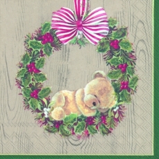 Kleiner Teddybär im Ilexkranz, hell - Little plush bear in Holly wreath - Petit ours en peluche dans une couronne de houx