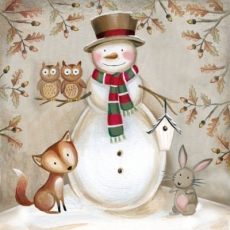 Schneemann mit Fuchs, Eulen und Hase - Snowman with fox, owls and rabbit - Bonhomme de neige avec renard, hiboux et lapin
