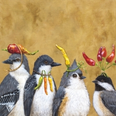 4 Vögel mit Pfefferschoten, Chilischoten - 4 birds with pepper pods, chilli pods - 4 oiseaux avec des cosses de poivre, cosses de chili