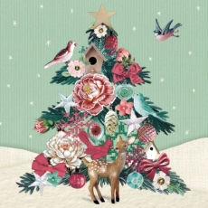 Weihnachtsbaumcollage mit Reh. Vögeln, Blumen ....... - Collage of a christmas tree with deer, birds, flowers..... - collage de Noël avec cerf. Oiseaux, fleurs .......