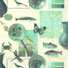 Collage mit Fischen, Vögel, Schmetterlingen, Vasen....... - Collage with fish, birds, butterflies, vases ....... - Collage vec des poissons, des oiseaux, à des papillons, vases.......