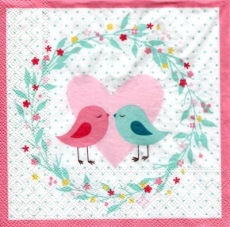 2 verliebte Vögel, Herz & Blumenkranz - 2 birds in love, heart & flower wreath - 2 oiseaux amoureux, cœur et couronne de fleurs