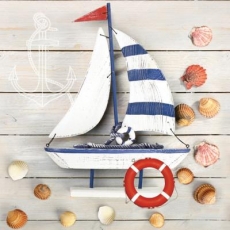 Muscheln & Segelschiff vor einer Holzwand - Shells and sailing ship in front of a wooden wall - Coquillages et voilier devant un mur en bois