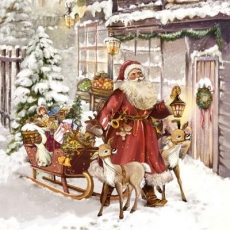 Weihnachtsmann mit seinen Schlitten bringt Geschenke nach Hause - Santa with his sled brings gifts home - Père Noël avec son traîneau apporte des cadeaux à la maison