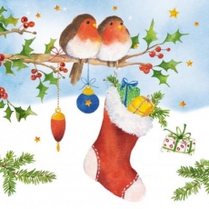 2 Rotkehlchen sitzen auf einen weihnachtlichen geschmückten Ast - 2 robins sit on a Christmas decorated branch - 2 merles assis sur une branche décorée de Noël