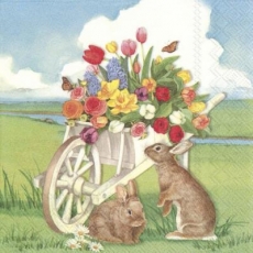 2 Häschen sitzen an einer Holzschubkarre mit bunten Blumen - 2 bunnies are sitting at a wooden wheelbarrow with colorful flowers - 2 lapins sont assis à une brouette en bois avec des fleurs colorées