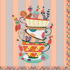 bunte Tassen mit Muffin, Gebäck & Tieren - colorful cups with muffin, biscuits & animals - tasses colorées avec muffins, biscuits et animaux