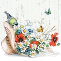 Schmetterling & Vogel besuchen einen Sommerhut voller Blumen - Butterfly & Bird visit a summer hat full of flowers - Butterfly & Bird visitent un chapeau d’été plein de fleurs -
