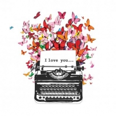 Schreibmaschine mit einen I love you Blatt & viele bunte Schmetterlinge - Typewriter with a I love you leaf & many colorful butterflies -