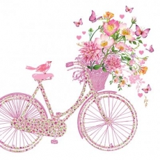 Vöglein sitzt auf einen Blumenfahrrad und bestaunt bunte Schmetterlinge - Little bird sits on a flower bike and admires colorful butterflies - Petit oiseau est assis sur un vélo de fleur et admire les