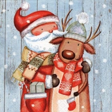 Weihnachtsmann und Rentier vor einer Holzwand - Santa and reindeer in front of a wooden wall - Père Noël et renne devant un mur en bois