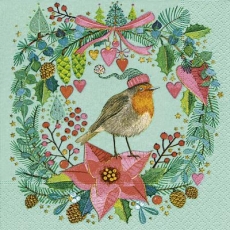 Rotkehlchen im winterlichen Blumenkranz - Robins in winter floral wreath - Robins en couronne florale de hiver