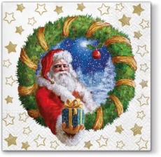 Weihnachtsmann,Weihnachtssterne, Geschenk & Kranz - Santa, poinsettia, gift & wreath - Père Noël, poinsettia, cadeau et couronne