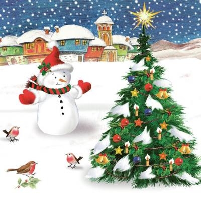 s devant Schneemann the Christmas Rotkehlchen & Snowman Weihnachtsbaum den bestaunen - l marvel Robins Snowman arbre & émerveiller tree Robins - de & at Noël