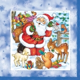 Weihnachtsmann im Wald bei den Tieren, blau - Santa Claus in the woods with the animals - Le Père Noël dans les bois avec les animaux