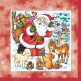 Weihnachtsmann im Wald bei den Tieren, rot - Santa Claus in the woods with the animals - Le Père Noël dans les bois avec les animaux