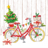 Rotes Fahrrad mit Vier Geschenken und kleinem geschmückten Bäumchen vor einer Holzwand
