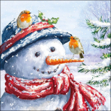 Hübscher Schneemann mit zwei Rotkehlchen