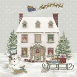 Der Weihnachtsmann fliegt über ein geschmücktes Haus mit Schneemann und Hund