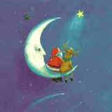 Weihnachtsmann und Rentier sitzen auf dem Mond und schauen den Stern an