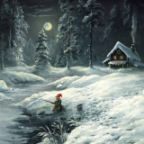 Wichtel angelt im Mondschein vor dem Haus vom Weihnachtsmann