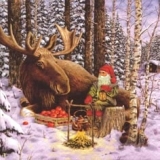 Nisser mit Elch im Winterwald - Dwarf with elk in the winter forest - Nain avec des wapitis dans la forêt dhiver