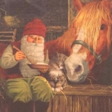 Nisser mit Katze im Pferdestall - Dwarf with cat in the horse stable - Nain avec chat à cheval stable