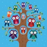 Eulenfamilie auf Baum blau - Owl family on tree - Famille de hibou sur larbre