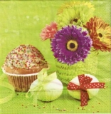 Bunte Blumen, Cupcake, Eier mit Schleife - Colorful flowers, Cupcake, eggs with bow - Fleurs colorées, Cupcake, oeuf à larc