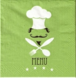 Koch mit Bart, Besteck, Menu - Chef with beard, cutlery - Cuisiner avec de Bart, couverts