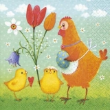 Henne mit Küken, Hase, Blumen, Osterei - Hen with chicks, rabbit,  flowers, Easter Egg - Poule avec poussins, lapin, fleurs, oeufs de Pâques