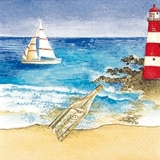 Segelschiff, Flaschenpost, Leuchtturm entlang der Küste - Sailing ship, post in a bottle, lighthouse along the coast - Voile bateau, post dans une bouteille, le phare le long de la côte