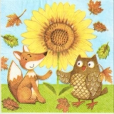 Eule & Fuchs mit großer Sonnenblume - Owl & fox with big sunflower - Hibou & renard avec le grand tournesol